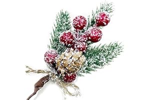 Christmas Berries Red Stems Evergreen Pine Branches 8pcs, Christmas Picks Spray Artificial Pine Cones Holly Stem Craft, Winte