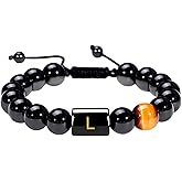 YOTHIWAD Initials Bracelets for Men Letters Bracelet Natural Tiger Eye Black Onyx Beaded Bracelet Handmade Jewelry Gift for Men