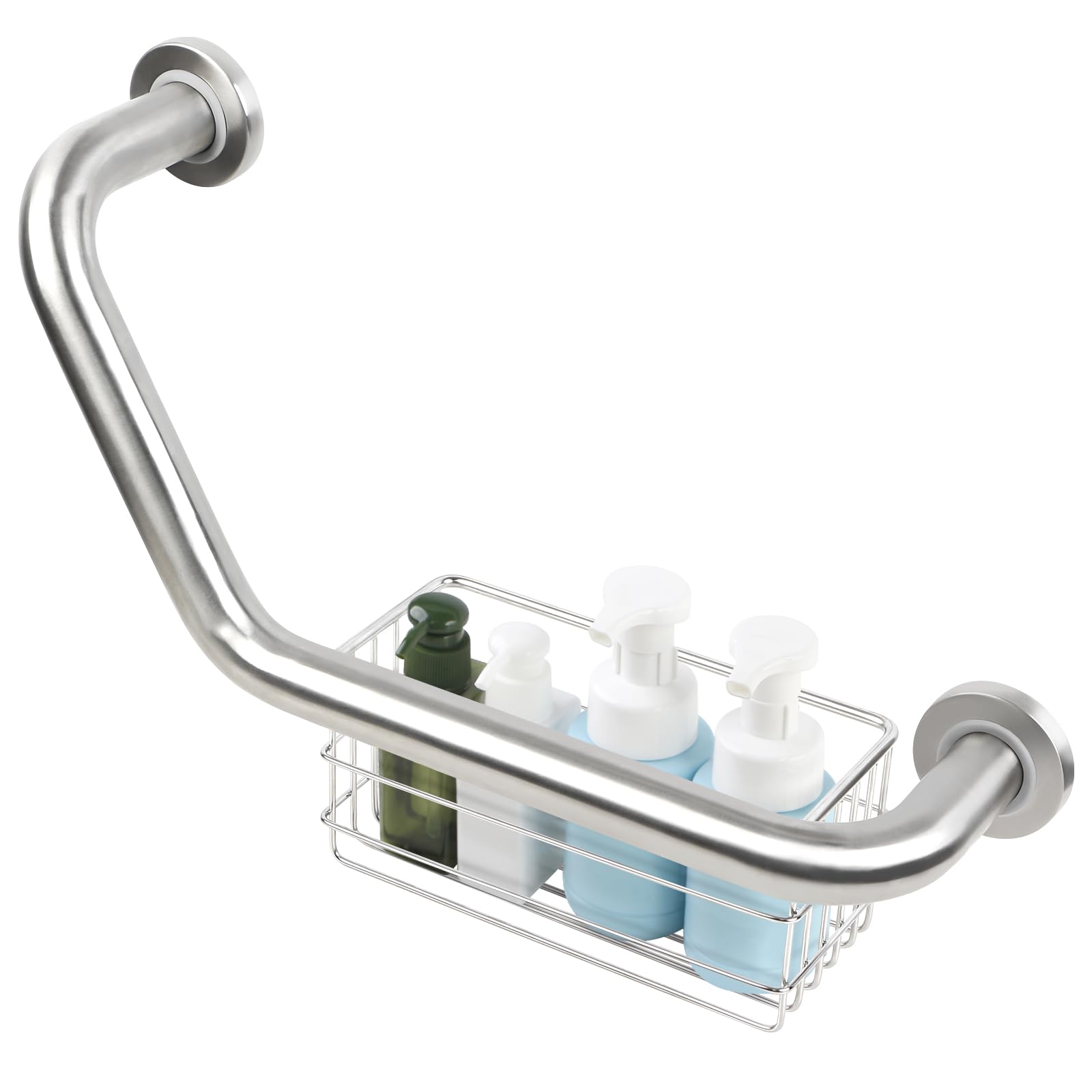 Photo 1 of 16 inch Angled Grab Bar with Storage Basket, Handicap Grab Bar for Elderly, Stainless Steel, Grab Bars for Shower, Bathroom Mobility Aid, Heavy Duty 550lbs Support