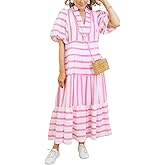 chouyatou Women's Summer Puff Sleeve Striped Midi Long Dress Notch Neck A-Line Tiered Boho Beach Dress
