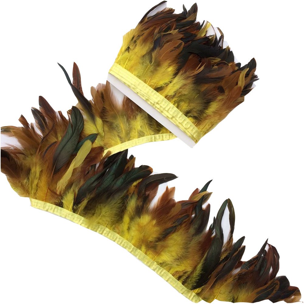 KOLIGHT Pack of 2m Natural Rooster Hackle Feather Trim Fringe 12-17cm in Width DIY Decoration (Yellow)