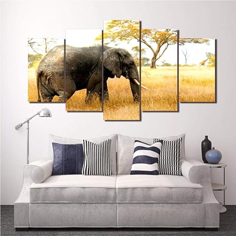lbonb Sala de Estar HD Impreso Pintura Pósters Marco 5 Panel Elefantes