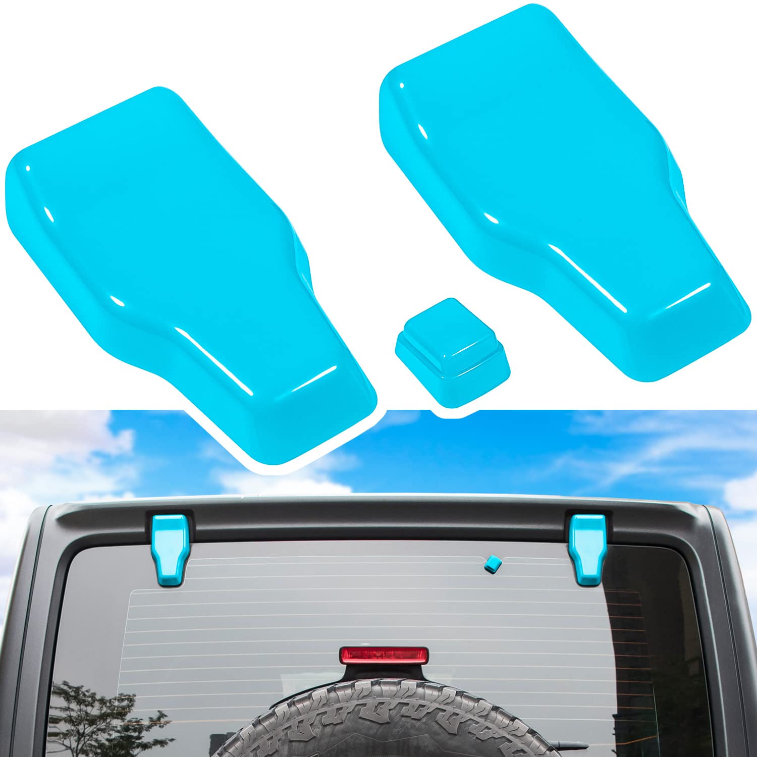 Photo 1 of Rear Tail Door Window Hinge & Rain Wiper Nozzle Cover Trim for 2018-2024 Jeep Wrangler JL JLU Sports Sahara Freedom Rubicon Unlimited 2-Door & 4-Door Exterior Accessories Decoration (Light Blue 3PCS)