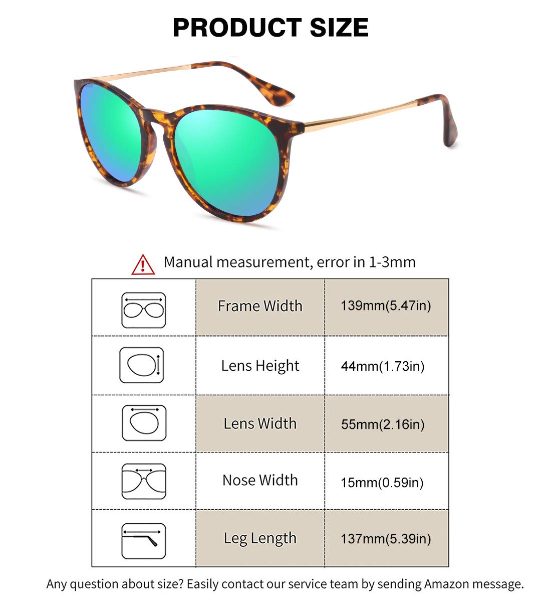 WOWSUN Polarized Sunglasses for Women Vintage Retro Round Mirrored Lens (Amber(tortoise) Frame + Green Mirrored Lens, 55)