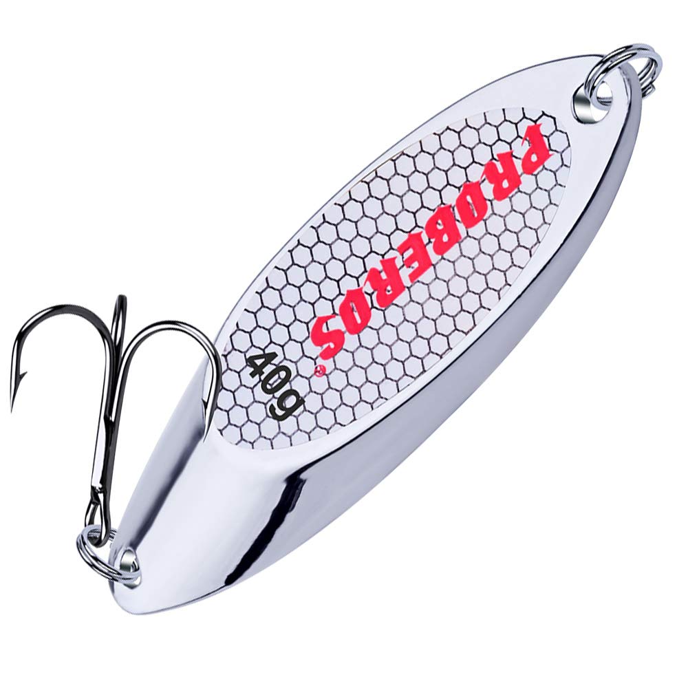 PROBEROS Fishing Spoons Lures Bass Baits Jigging Bait Tackle with Treble Hooks Hard Metal Spoon Fishing Lure Weight Pick 10 Pcs/Pack 1.4oz Silver