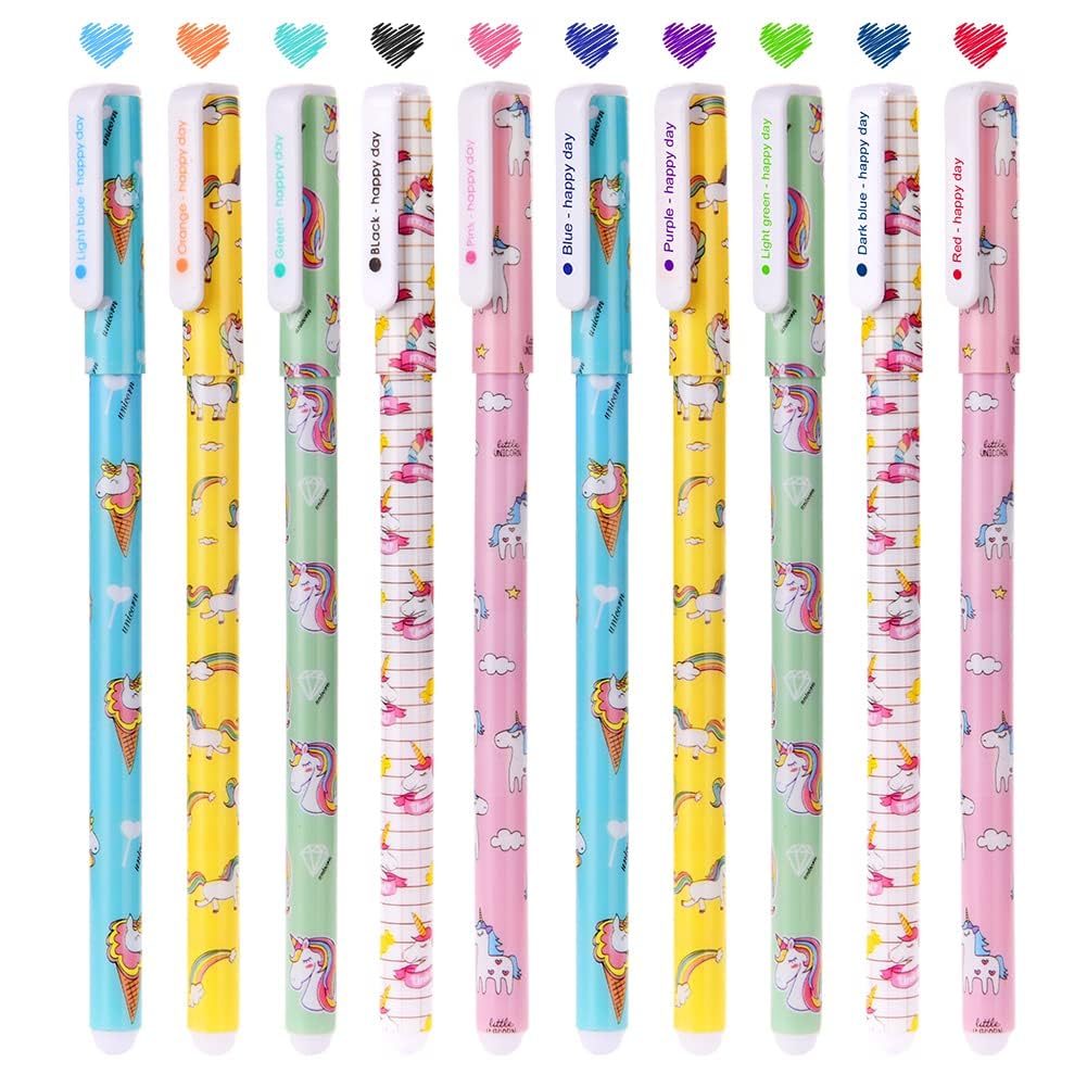OFFCUP Cute Colour Pens, 10pcs Unicorn Gel Pens, 0.38mm Roller Ball Pen Colourful Gel Ink Pen for Kids Girls Boys Children Students Teens Office Gifts Fine Point