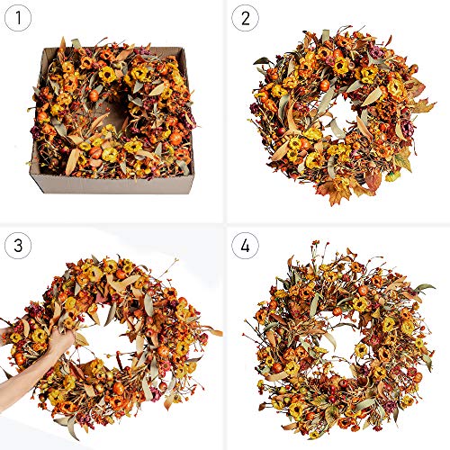 Artificial Fall Wreath,22” Floral Wreath with Berries and Pumpkins
