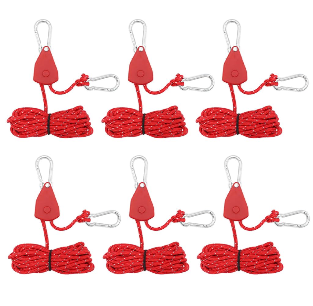 Kellegour 6 Pack Tent Guy Ropes with Pulley,4mm Reflective Cord Tent Guide Rope,Reflective Tent Guy Ropes,Tent Camping Cord with Pulley for Camping,Hiking,Tent,Tarpaulin,Awning (13.12ft/4m,Red)