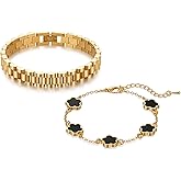 LUXFONEXA 14K Gold Plated Watch Strap Chain Bracelet with Clover Lucky Bracelet for Women Stainless Steel Chunky Link with Link Remover Tool Flower Four Leaf Trendy Jewelry Gifts