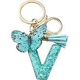 Echoed Elegance Blue Initial Letter Tassel Keychain for Girls Cute Bling Butterfly Alphabet Keychain for Bag Wallet Car Key