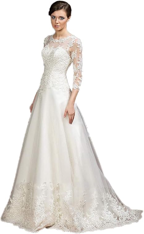 Cocogirls A Linie Hochzeitskleid 3 4 Armel Spitze Brautkleider Hochzeitskleider Applikationen Mariage Kleid Braut Abendkleid Ballkleid Party Kleid Amazon De Bekleidung