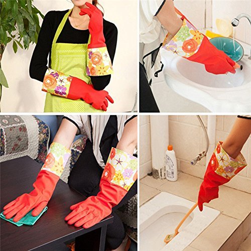 Womens Kitchen Rubber Cleaning Gloves,Latex Glove with lining Household waterproof dishwashing Gloves(2 pairs)