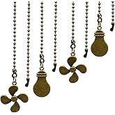 ZE-268S6- Ceiling Fan Pull Chain Set - 4 Piece Bulb and Fan Pattern Extension Pendant, 12 Inch Extender With Ball Connector (Antique Bronze)