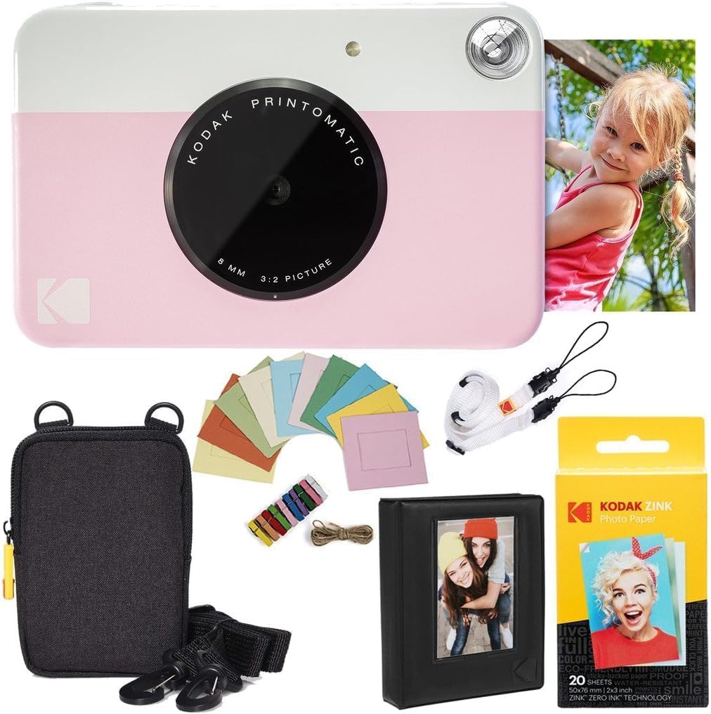 KODAK Printomatic Instant Camera (Pink) Deluxe Bundle + Zink Paper (20 Sheets) Case - Photo Album