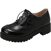 Agodor Wingtip Oxford Shoes Lace up Low Chunky Heels Brogues Retro Round Toe Platform Oxford Shoes for Women (US 10, PU Black)