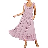 R.Vivimos Summer Dress for Women Sleeveless Boho Ruffle Square Neck Tie Back Casual Backless Flowy Midi Dress