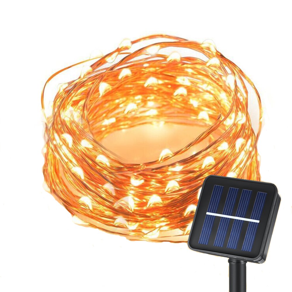 100 LED Solar Lichtekette, 33Ft Kupfer Lichtekette, Wasserdichte sternenhelle Lichtekette für inne und auße Ausschmückung, Party am Weihnachten, Feiertag (warme Weiß)