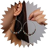 Vacaonio Vintage Bead Hoop Dangle Earrings Hollow Circle Hoop Earrings Brown Beaded Hoop Earrings Bead Circle Drop Earrings Turquoise Hoop Drop Earrings Jewelry for Women