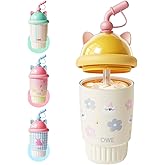 QWE Insulated Tumbler coffee mug Cat Ears Straw,15oz Stainless Coffee Cups for Hot and Cold,Twist On 2-Way Lid,BPA-free,Vacuum Insulated,Cute Style for Home-based, School,Travel,Office(Yellow)