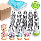 Russian Piping Tips set 50 pcs - Cakes Decorating Supplies - Cupcake decorate - 23 Icing Nozzles + 7 Leaf Tip +15 Pastry Disposable Bags + 2 Couplers + brush – Best kitchen gift