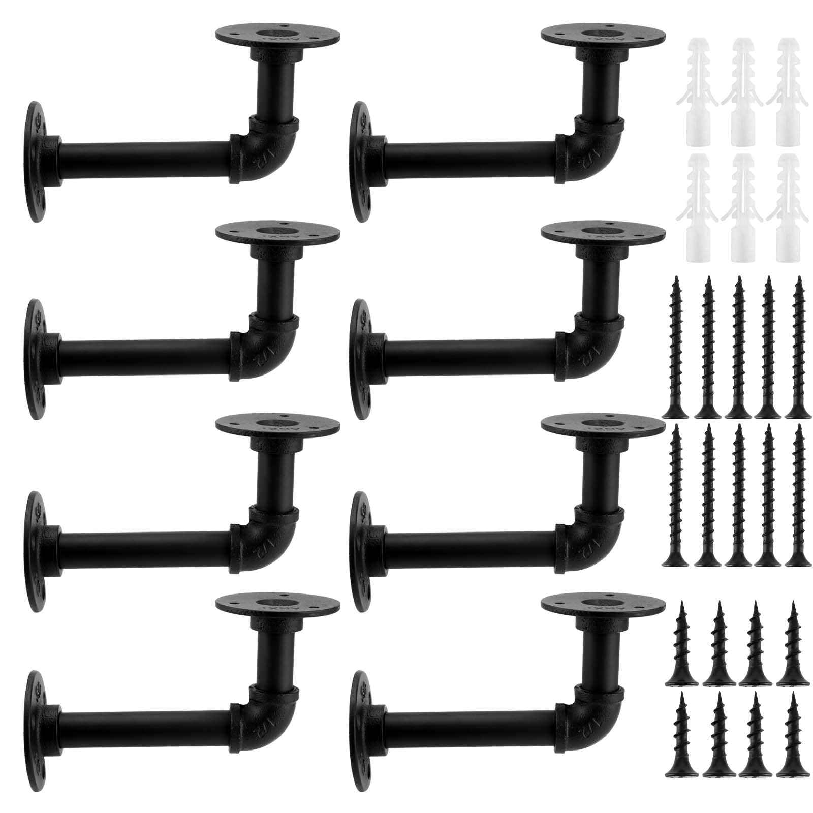 KOHAND 8 Pack Industrial Pipe Brackets, Black Pipe Shelving Brackets with Screws and Hard Wall Anchors, Pipe Brackets for Shelves,Scaffold Board and Home Decoration — image 1
