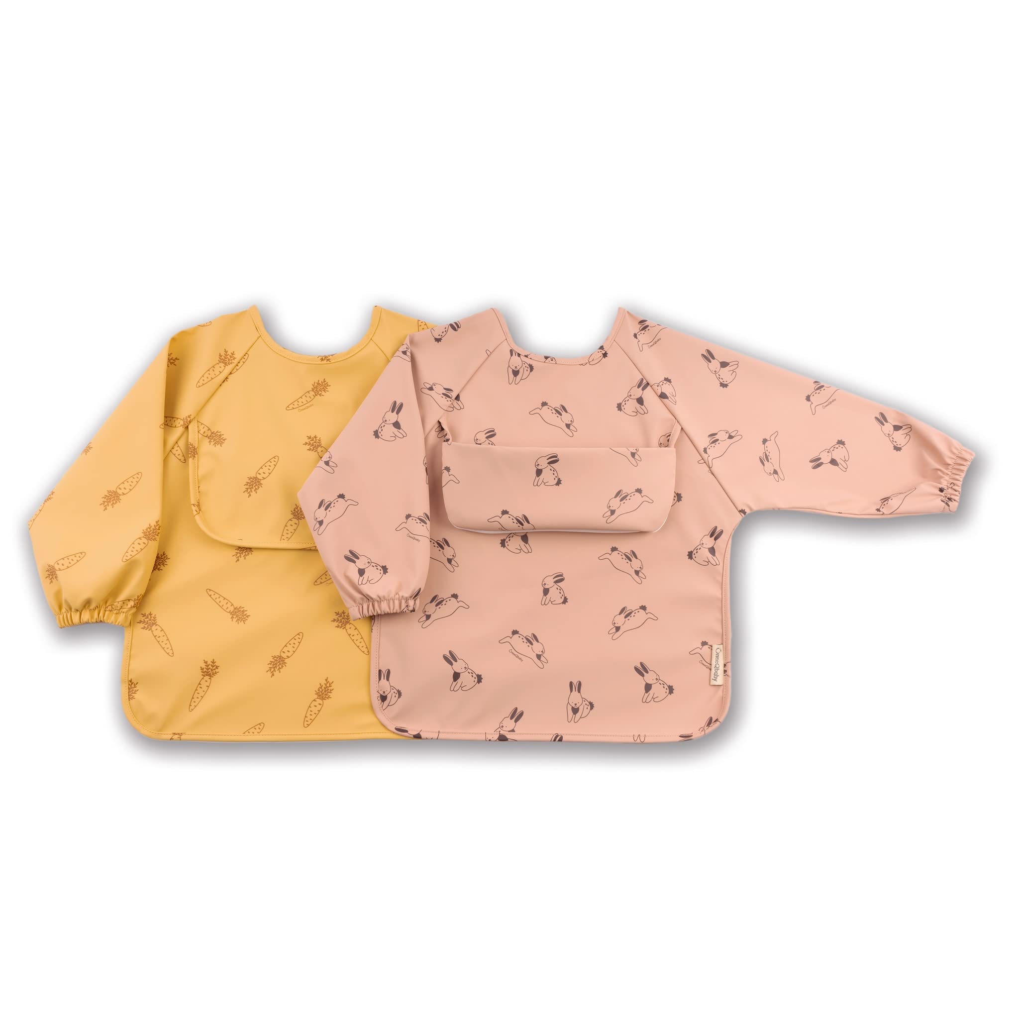 ÜneeQbaby Waterproof Baby and Toddler Bibs - Pack of 2, Long Sleeve Oeko-TEX for Feeding and Messy Play with Chest Pocket, Coverall Mock (Small (6-18 Months), Pink Bunny, Orange Carrot)
