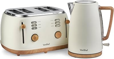 VonShef Fika Kettle & Toaster Set Nordic Cream Wood 1.7L 3000W 4-Slice