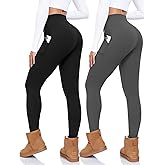 CTHH 2 Pack Fleece Lined Leggings Women with Pockets - High Waisted Soft Winter Thermal Warm Tummy Control Yoga Pants