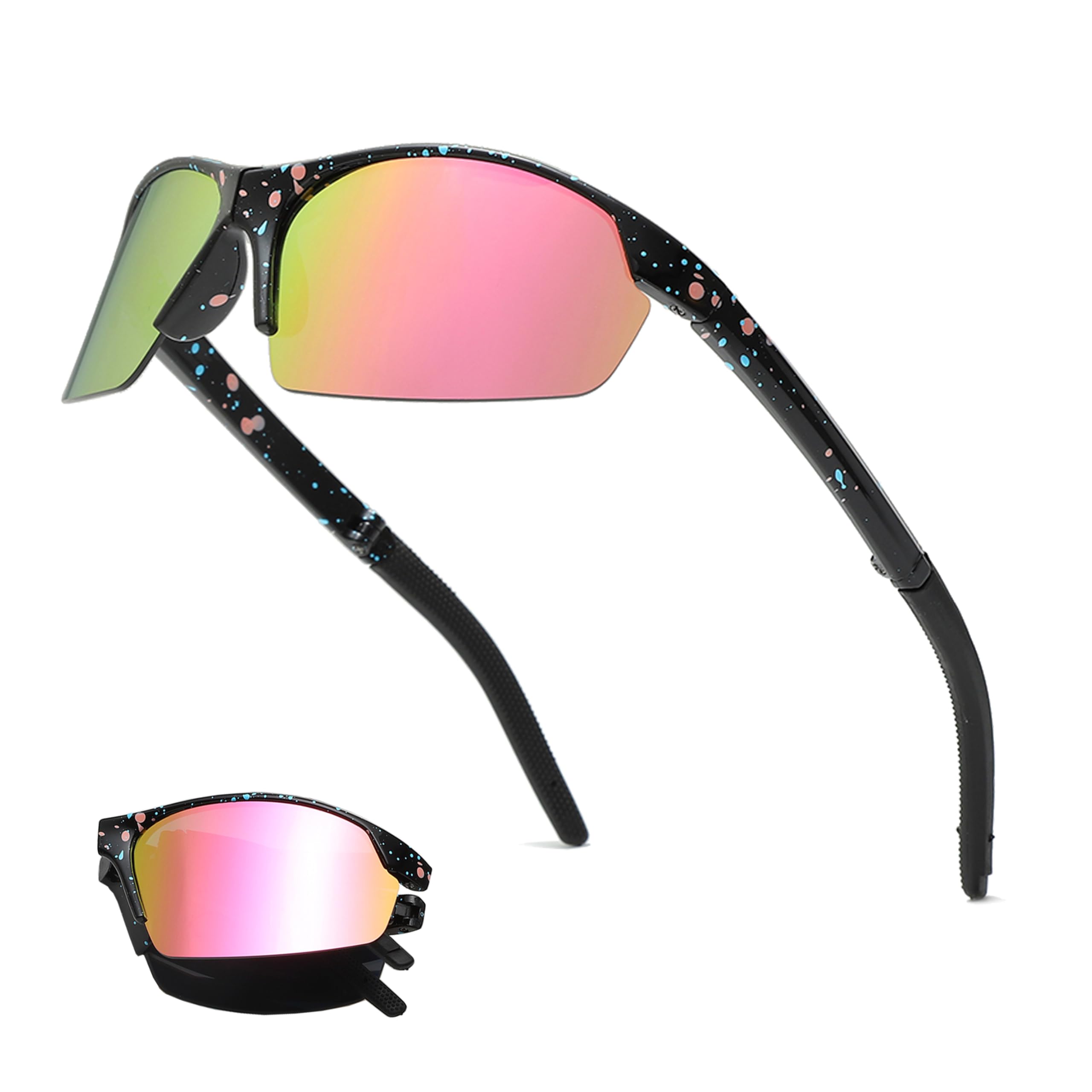 Long Keeper Foldable Sports Sunglasses for Men Women Youth Sports Running Glasses Windproof Cycling Goggles Softball Baseball Glasses UV Protection Shades (Black Frame Pink Mirrored Lens)