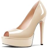 TNYNFBEB Peep Open Toe Stiletto High Platform Heel Pumps Slip-on Prom Party Dress Patent Leather 5.3 Inches Heels