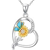 Yafeeso Diamond/Moissanite Sunflower Heart Necklace for Women, 925 Sterling Silver You are My Sunshine Pendant Butterfly Necklaces Christmas Birthday Jewelry Gifts for Her Mom Wife, 18"+2"