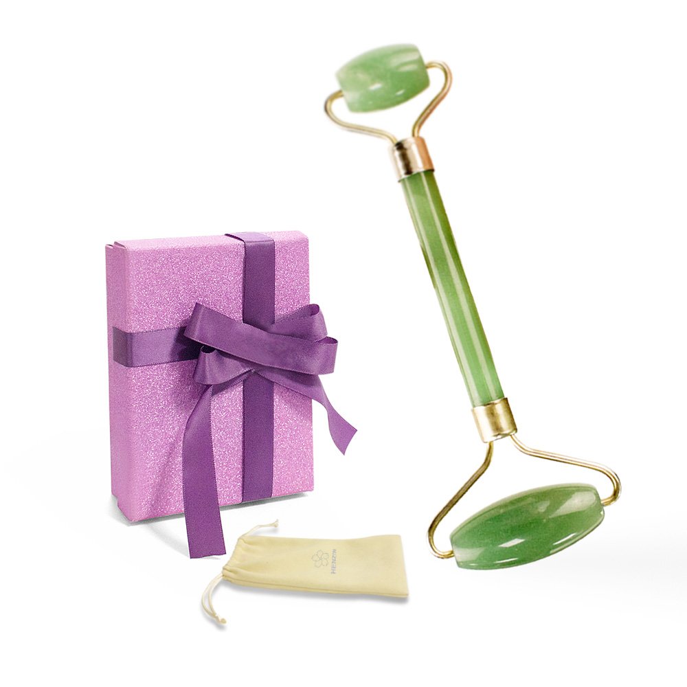 HENZIN Jade Roller - 100% Natural Jade Stone Anti-Aging Facial Therapy, Handmade, Anti Wrinkle and Skin Rejuvenate Face Massager - Green