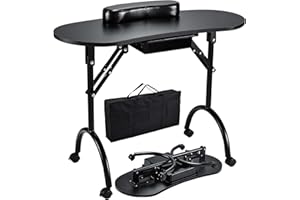 Joligrace Professional Foldable & Portable Manicure Table Nail Technician Desk Workstation with Rolling Wheels Large Drawer Client Wrist Pad Free Carrying Bag Travel Nail Tech Spa Beauty Table, Black