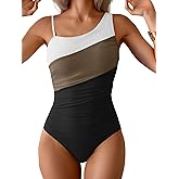 Aidonger One Shoulder One Piece Swimsuit for Women Tummy Control Bathing Suits Color Block Ruched Swim Suit Slimming Swimwear