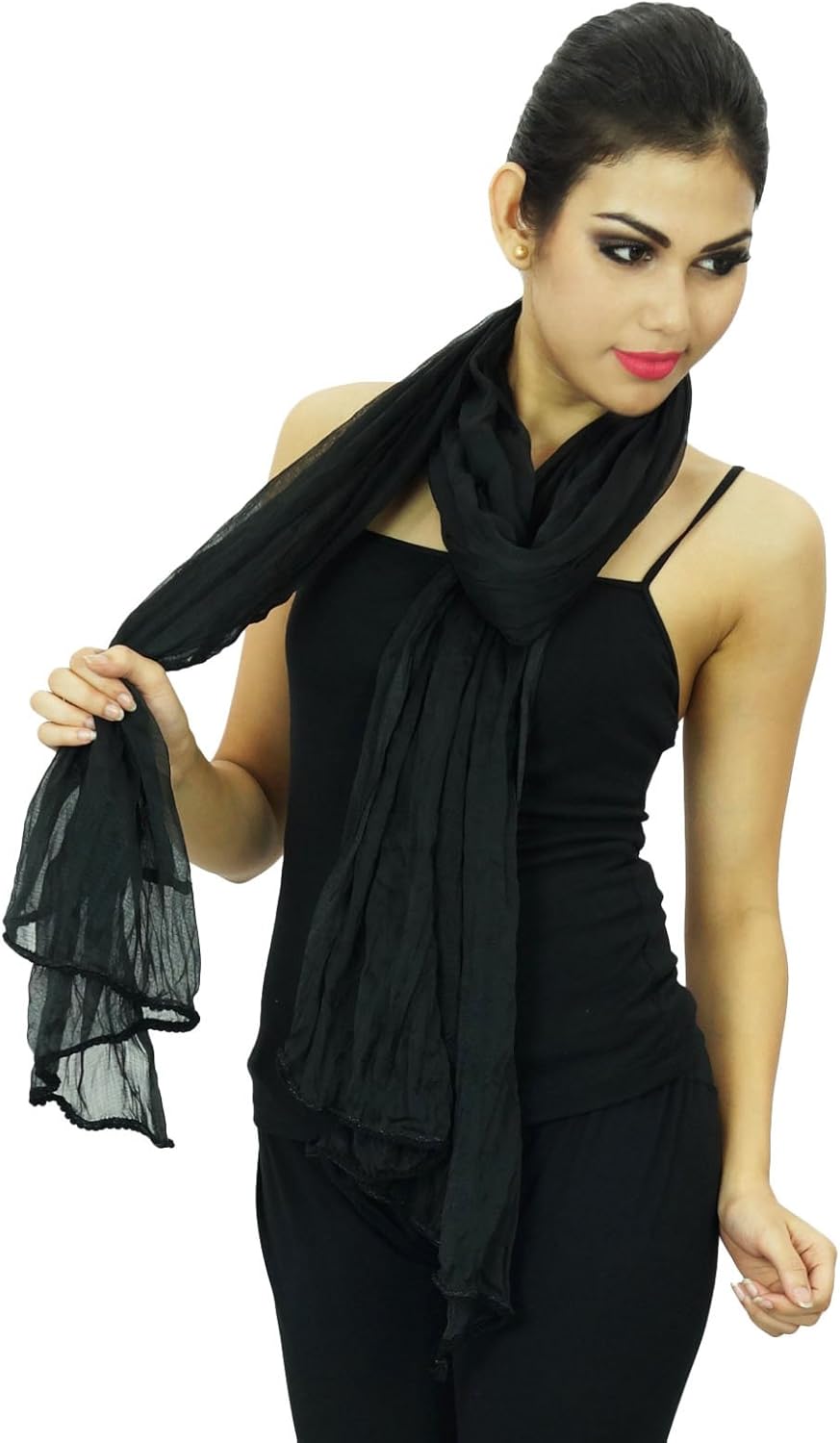 Indian Chiffon Blend Scarves Women Neck Wrap Chunni Long Dupatta Beach Scarf, One size, Black - Image 3