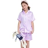 Ammiko Pajamas Satin Pajama Set Silk Pjs Button-Up Top and Short Soft Sleeve Sleepwear Nightwear for Women