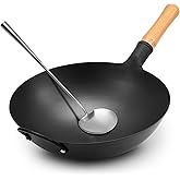WANGYUANJI 14" Carbon Steel Wok - Round Bottom (Fits Wok Burner OR Flat Gas Stove with Ring) - Nitriding Iron Pow Wok (No Coating, Easy Seasoning)