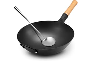 WANGYUANJI Round Bottom Wok and Stir Fry Pans -14" Carbon Steel Wok Professional Chef's Wrought Iron Woks, Traditional Chines