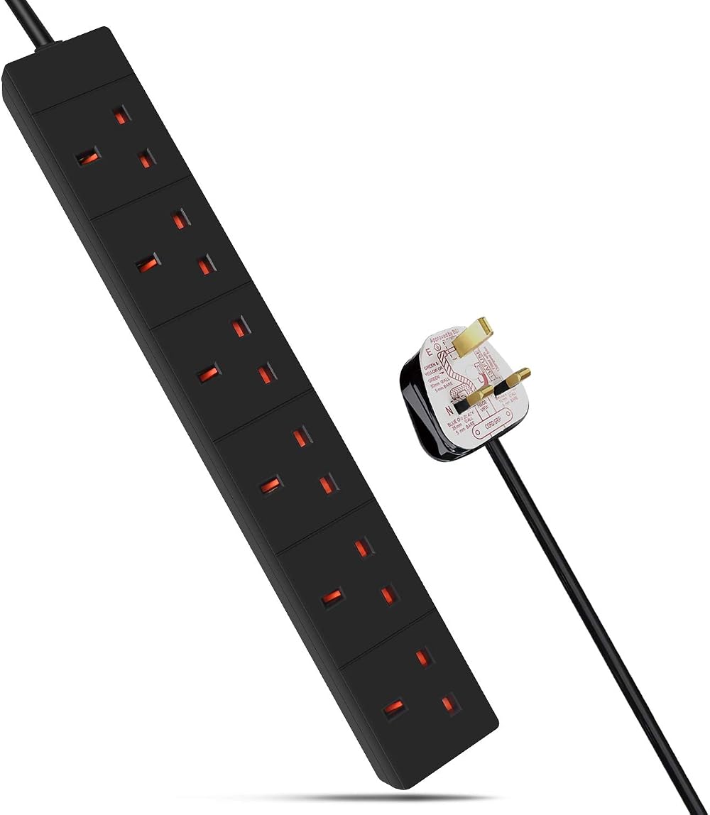EXTRASTAR 6 Way Extension Lead 13A UK Plug 2m Black Power Strip