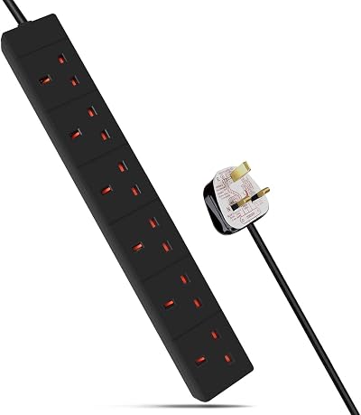 EXTRASTAR 6 Way Extension Lead 13A UK Plug 2m Black Power Strip