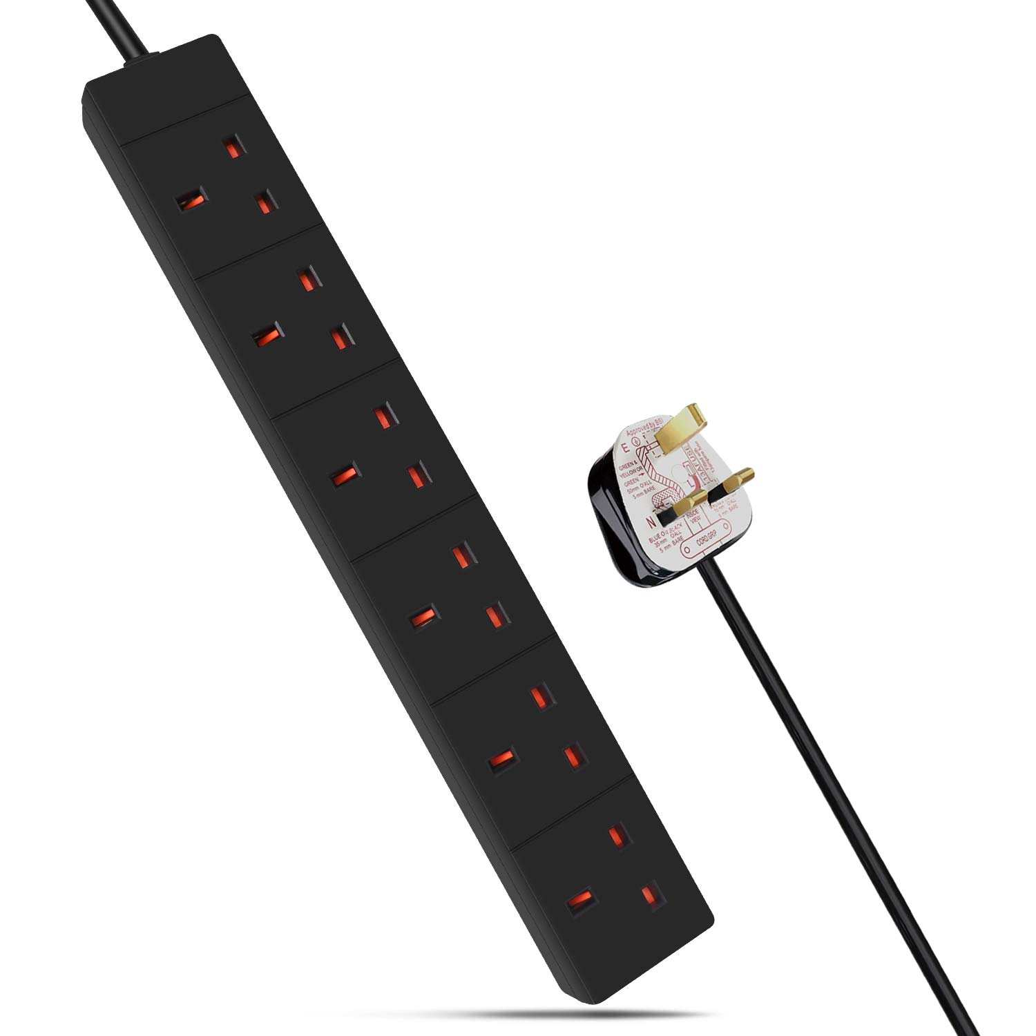 ExtraStar 6 Way Extension Lead, 13A Fused UK Plug Extension Socket, 1M Extension Cable Power Strip - Black
