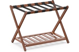 BAMBOOHOMIE Bamboo Luggage Rack for Guest Room, 26.77" Folding Wide Suitcase Stand with Storage Shelf, Thickened Luggage Stan