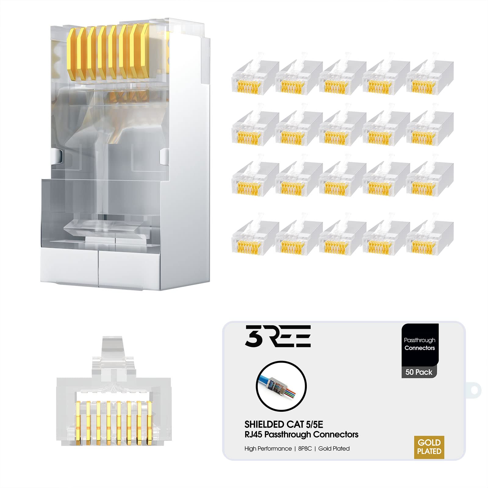 3REE RJ45 Cat6a Cat6 Connector for 23 AWG Gold Plated 8P8C Pass Through Shielded Modular Ends Plug (CAT5/5E, 50 PCS)
