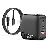 KKZN 65W GaN USB C Charger Block Mini Charger with 3 Ports & 2m Cable Foldable Wall Charging Blocks Compatible with MacBook Pro/Air M2,Dell XPS,iPad Pro,iPhone 16/15/14 Pro,Galaxy S25/S24(Black)