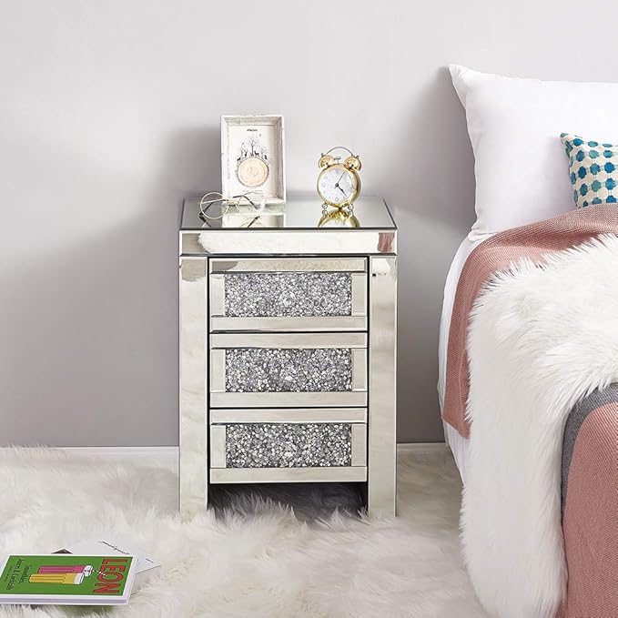 Panana Nachtschrank Glas Kommode MDF Nachttisch mit Kristallglas