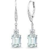 Gem Stone King Drop Dangle Gemstone Birthstone and White Topaz Earrings for Women | 925 Sterling Silver | Emerald Cut 9X7MM | Fine Jewelry Gifts for Her Mom Anniversary Wedding