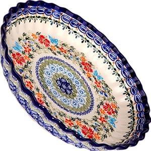 Polish Pottery Ceramika Boleslawiec, 1212/238, Pie Baker Small, 9 7/8 Inches in Diameter – 4 Cups, Royal Blue Patterns with Red Cornflower and Blue Butterflies Motif