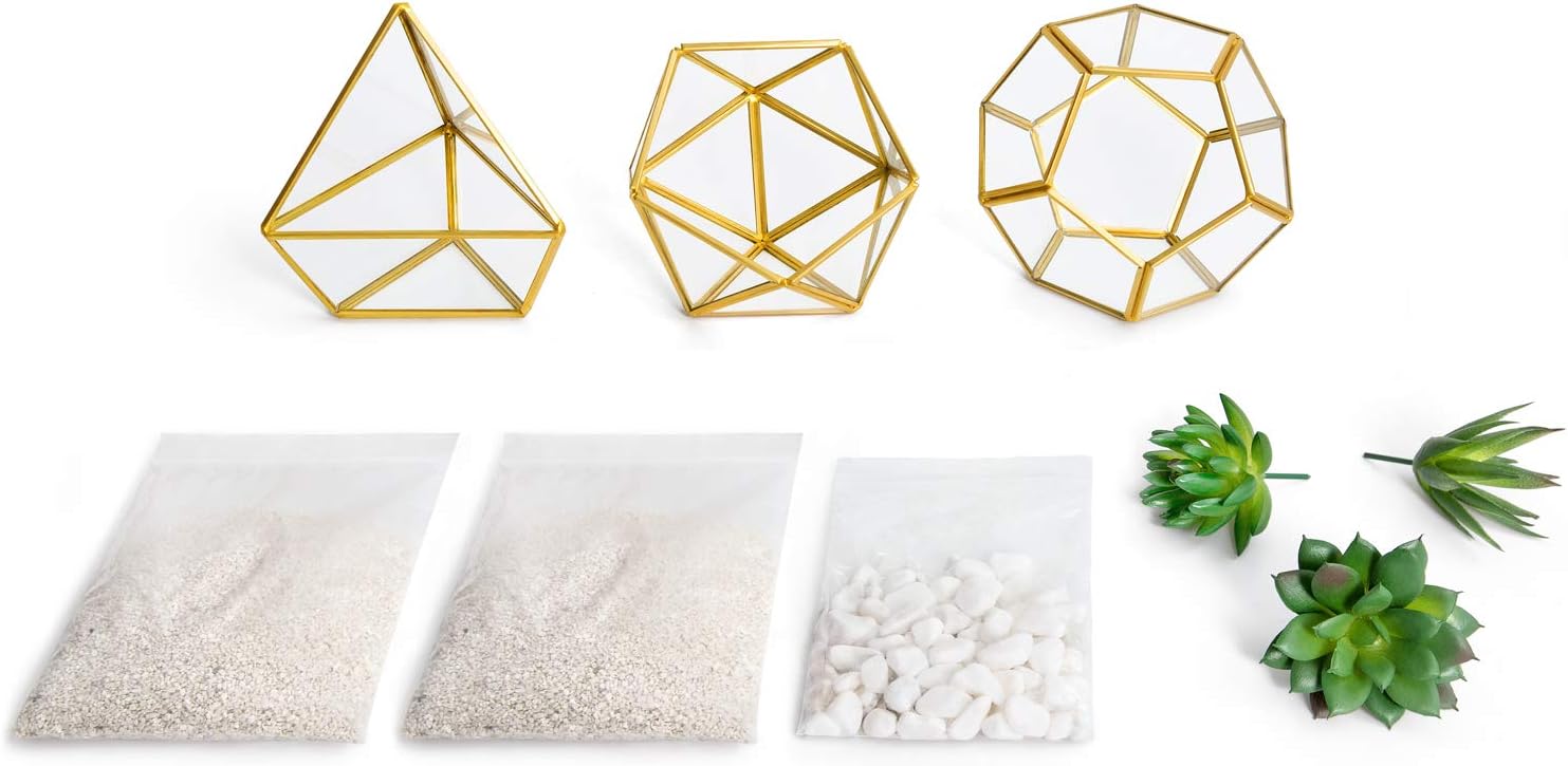 Mkono Office Decor for Desk, 3 Pack Mini Glass Geometric Terrarium with Artificial Succulent, Miniature Potted Faux Plant Bookshelf Boho Room Decor for Women Girls College Dorm Wedding Gift Idea, Gold -