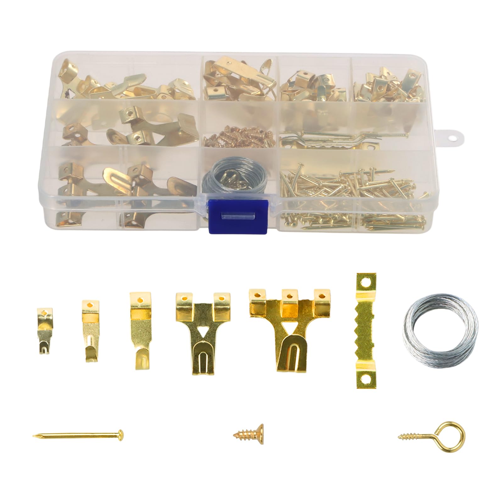 250pcs Picture Hooks, Picture Hooks for Hard Walls, Heavy Duty Picture Hanging Kit Including Picture Wire, Steel Hooks, Nails, D Ring, Screws and Screw Eyes for Mirrors/Picture Frames/Paintings/Bags