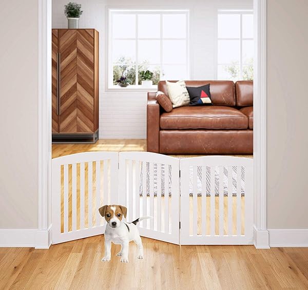 PAWLAND WOODEN FREESTANDING FOLDABLE PET GATE FOR DOGS, 24 INCH 3 PANELS STEP OVER FENCE, DOG GATE FOR THE HOUSE, DOORWAY, STAIRS, EXTRA WIDE (WHITE, 24″ HEIGHT-3 PANELS)